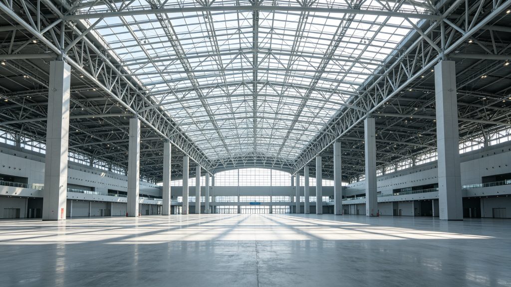 北京新国展 II 期大跨度无柱展厅，空间桁架网架结构，严格消防抗震抗风设计