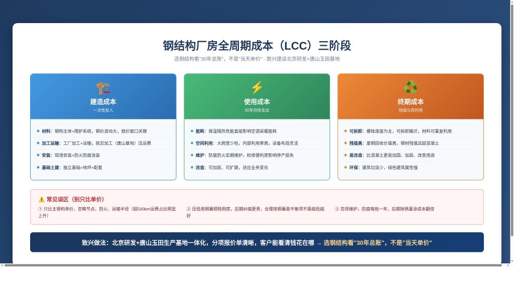 钢结构厂房全周期成本 LCC 三阶段:建造成本、使用成本、终期成本,选钢结构看 30 年总账