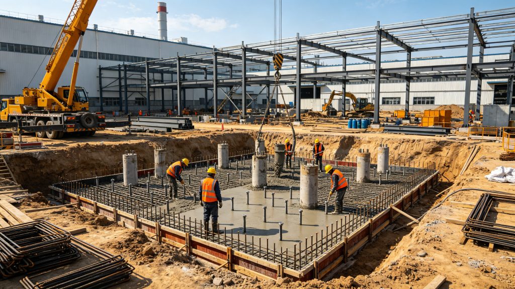 钢结构厂房独立基础与桩基施工现场