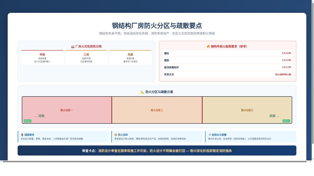 钢结构厂房防火分区与疏散示意