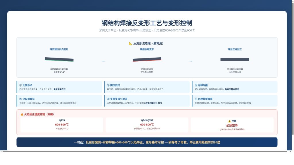 钢结构构件焊接反变形工艺示意