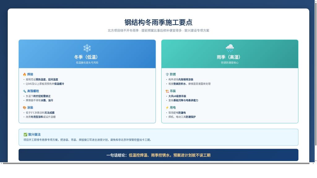 钢结构冬雨季施工要点:冬季低温控焊接预热、高强螺栓扭矩、涂装温度;雨季高湿控防锈、吊装大风、用电防潮