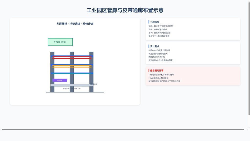 工业园区钢结构管廊与皮带通廊布置示意,多层横担与桁架通道