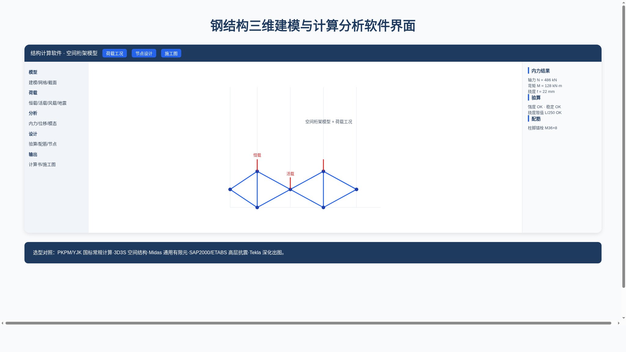 钢结构三维建模与计算分析软件界面,展示空间桁架模型与荷载工况
