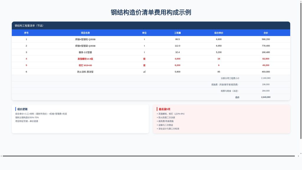钢结构造价清单示例表格,分部分项、措施费、规费税金结构