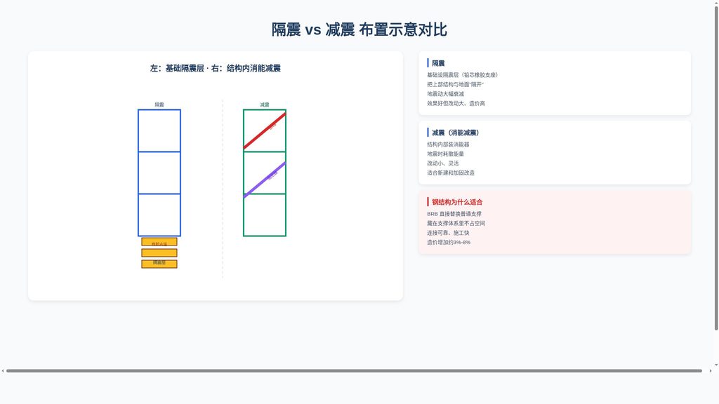 隔震层橡胶支座与消能减震阻尼器布置示意对比