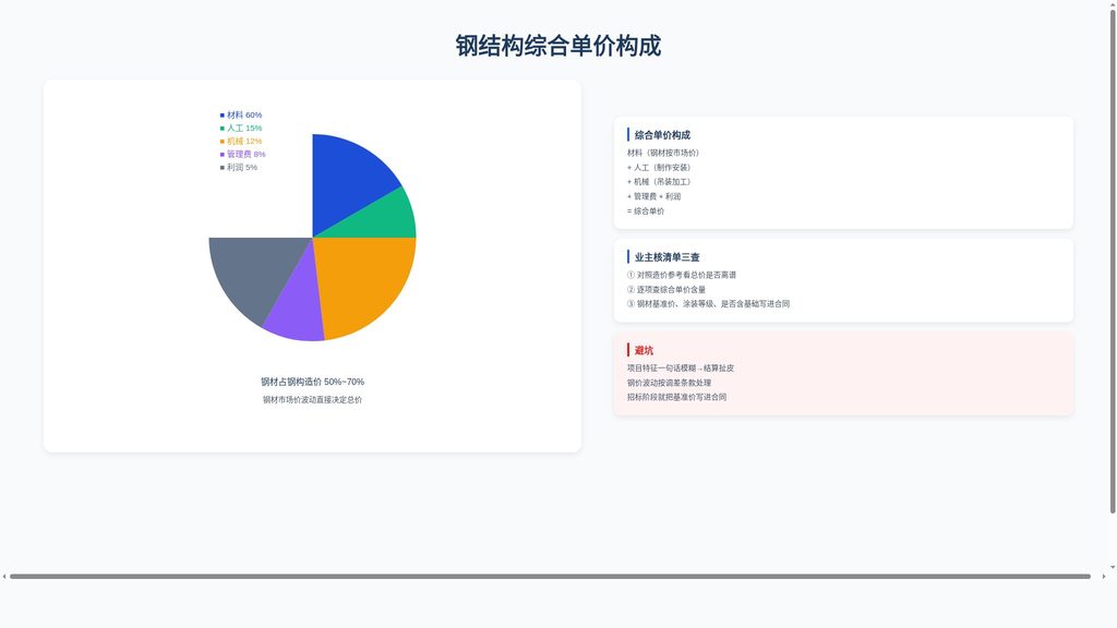 钢结构综合单价构成饼图,材料、人工、机械、管理费占比