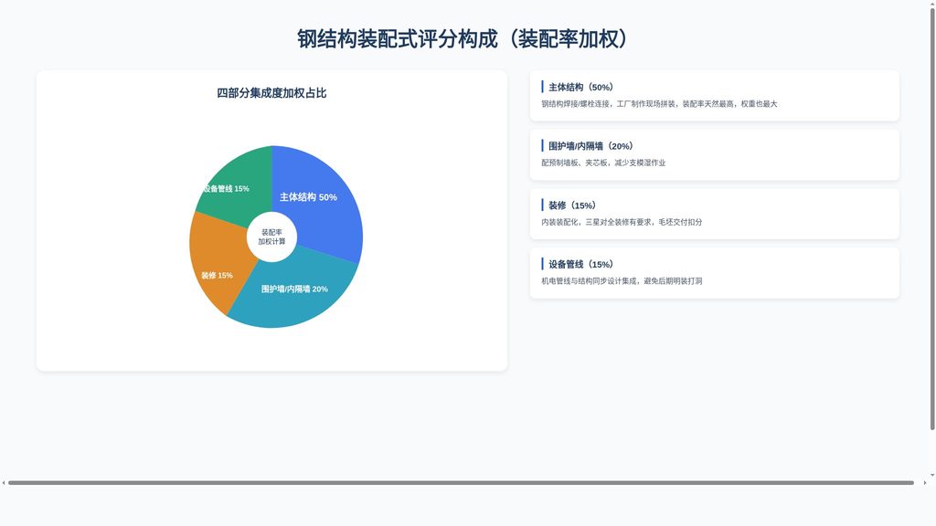 绿色建筑评价维度雷达图,钢结构在节材与装配两项得分突出